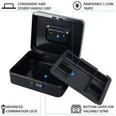 KYODOLED Large Cash Box with Combination Lock Safe Metal Money Large, Black