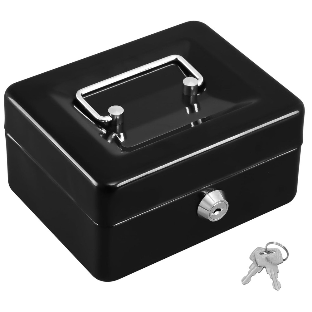 Black Small Lock Box Cash Safe with Key Portable Metal Secure Storage 5.91×4….