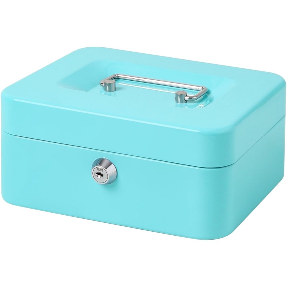 Portable Light Blue Cash Box with Key Lock for Cash and Medication Storage