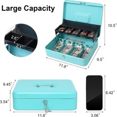 11.8 x 9.5 x 3.5 Inch Cash Box, Scratch Resistant with Secure Locking Mechanism