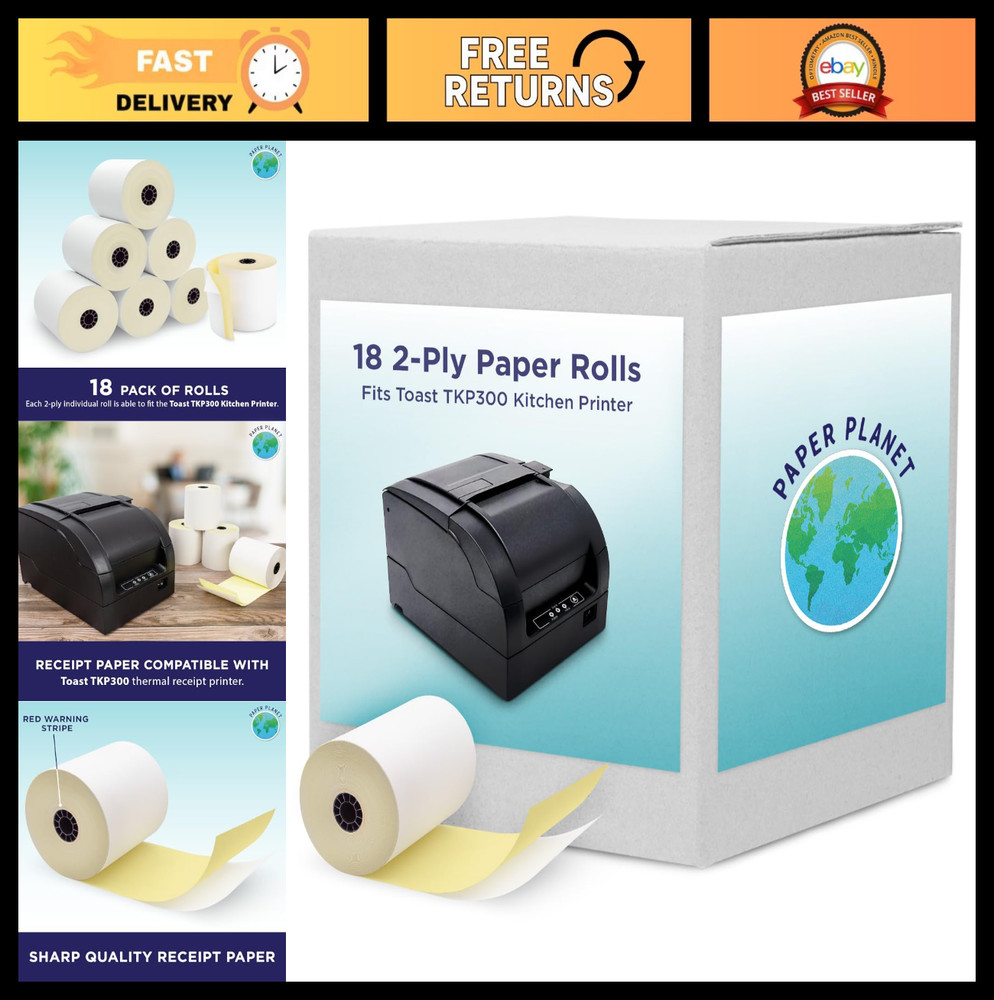 2-Ply Carbonless Paper Rolls for Toast Kitchen Printer – 18 White/Yellow Rolls