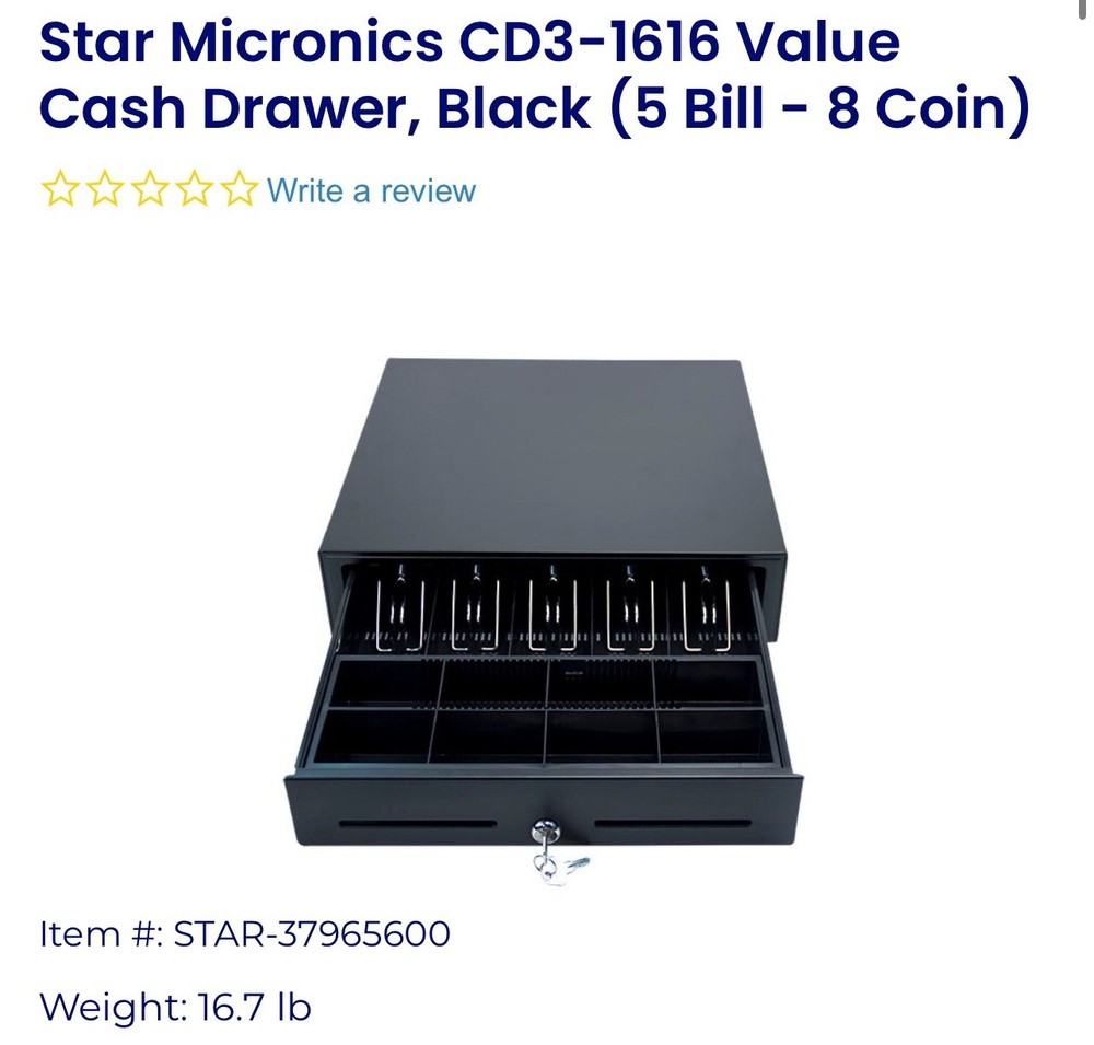 Star Micronics CD3-1616 Value Cash Drawer, Black 16Wx16D, 4Bill-8Coin for Canada
