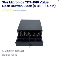 Star Micronics CD3-1616 Value Cash Drawer, Black 16Wx16D, 4Bill-8Coin for Canada
