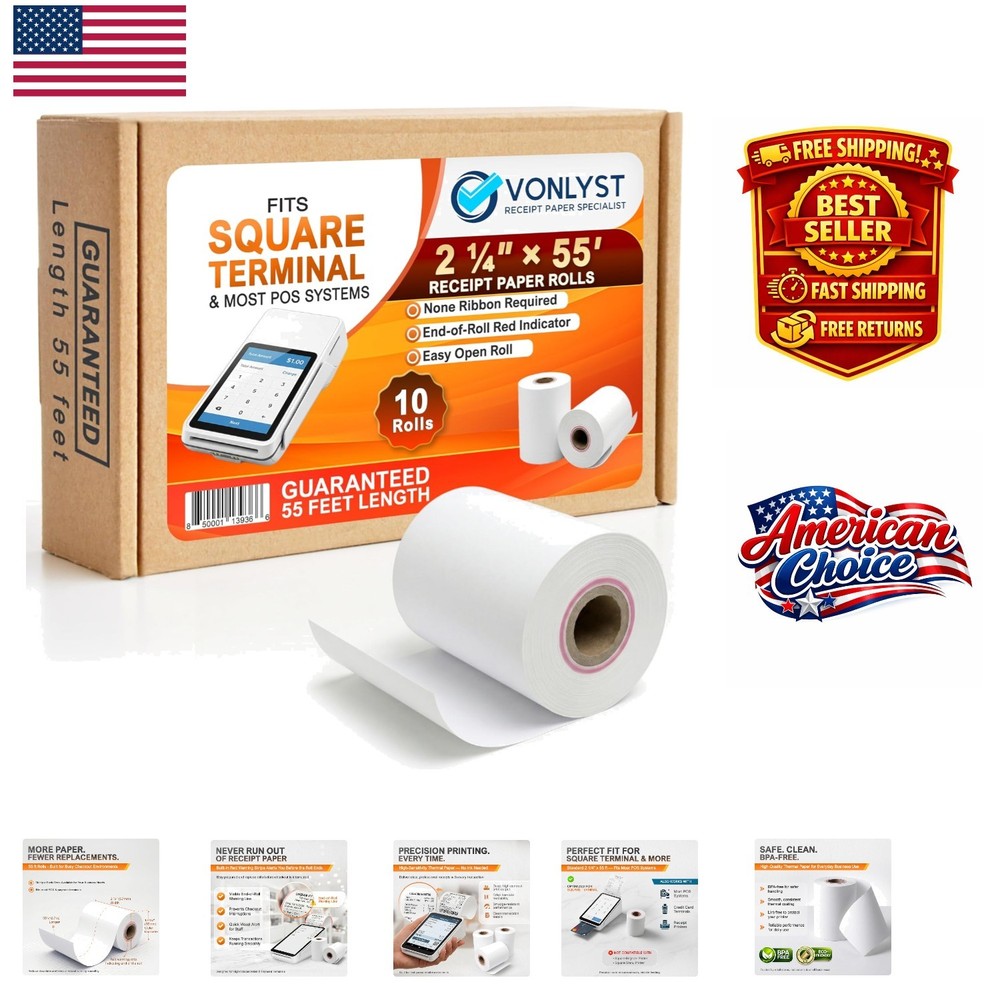 BPA-Free Thermal Receipt Paper Rolls 2 1/4″ x 55′ – 10 Pack for Square Terminal