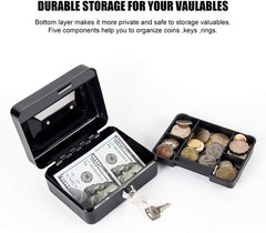 Locking Steel Mini Cash Box Coin Tray Key Lock Kids 4.92×3.74×2.36 Black