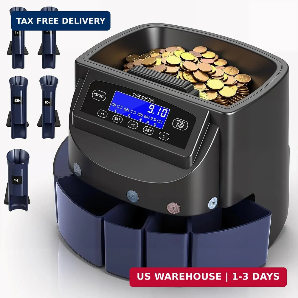 Coin Counter and Dollar Coin sorter with LCD Display, 300-coin Capacity, Support