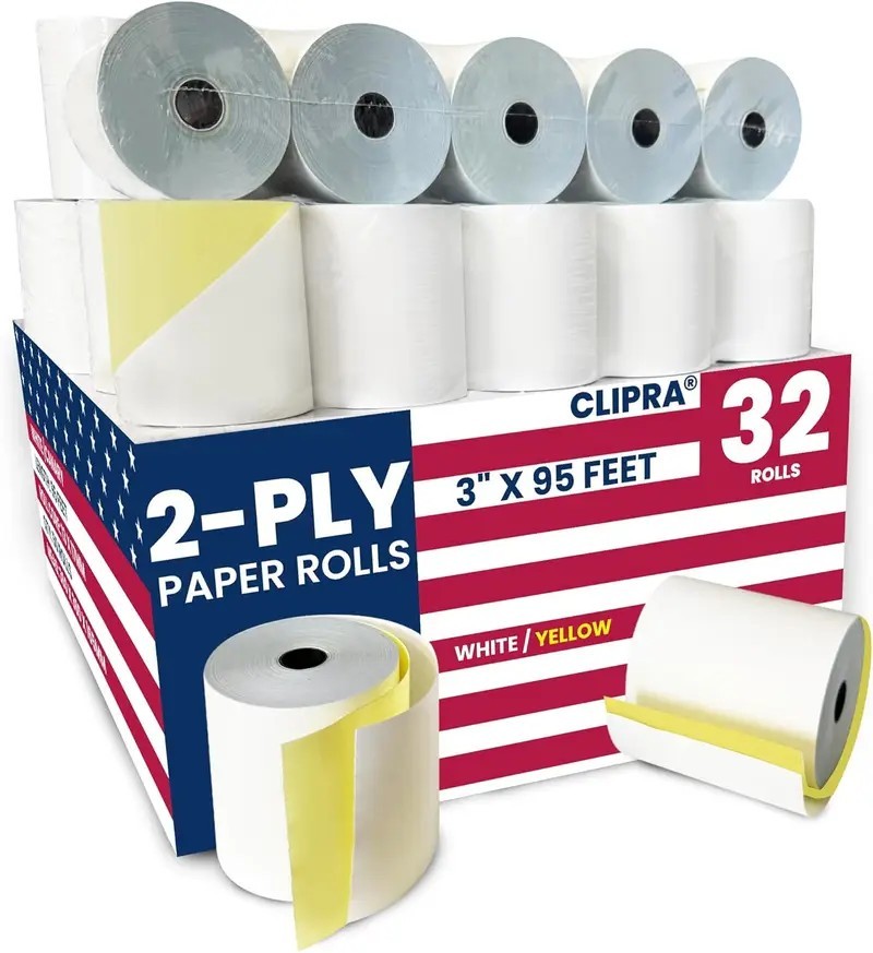 (32 Rolls) 2 Ply Kitchen Printer Paper White/Yellow Carbonless Rolls 3″ x 95′