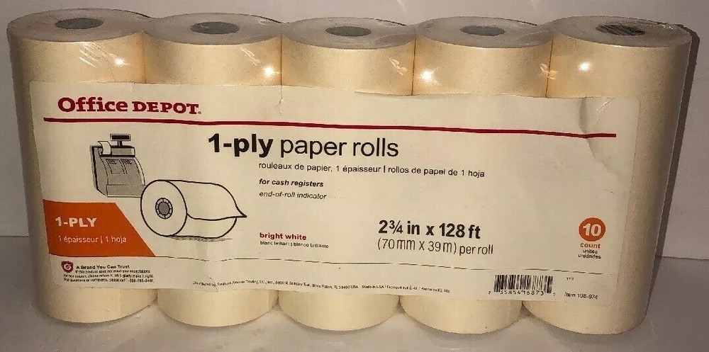 Office Depot 1-Ply Bond Paper Rolls 2.75”x128 10 Count White-RARE-SHIPS N 24 HRS