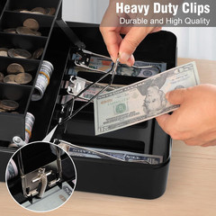 XL Locking Cash Box Key Lock Money Box w/ Tray 4 Bill 5 Coin Slots Black