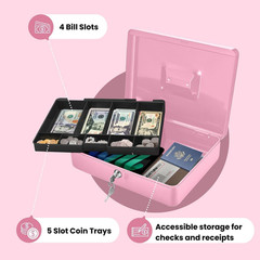 Cash Box with Money Tray and Lock – Metal Cash Box for Small Businesses, 9-Compa