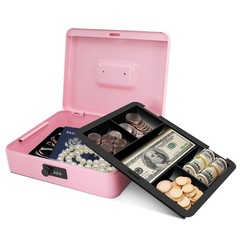 Cash Box with Combination Lock – Pink 5-Compartment Metal Cash Box with Tray