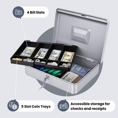 Secure Metal Cash Box with Lock – 9-Compartment Money Tray for Small Business, P
