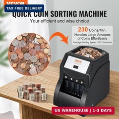 VEVOR Coin Sorter, Coin Sorter and Wrapper Machine with 4 Larger Coin Tubes, Sor
