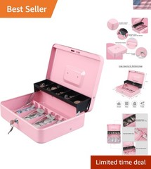 Portable Pink Cash Box with Durable Key Lock & Organized 4 Bill Slots – 11.8″