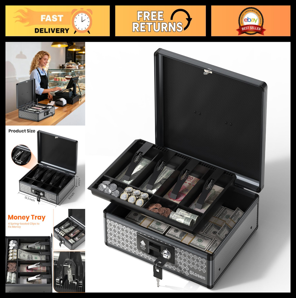Large Cash Box with Key Lock, Secure Money Box & Removable Coin Tray – Black
