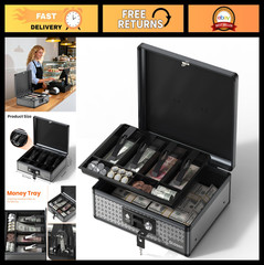 Large Cash Box with Key Lock, Secure Money Box & Removable Coin Tray – Black