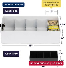 Volcora Cash Box Money Organizer – 15″ x 7.5″ x 4″ Cashbox 5 Compartments Drawer