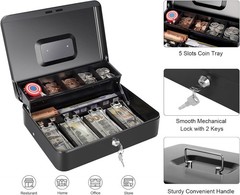 XL Black Cash Box with Money Tray and Key Lock for Secure Storage