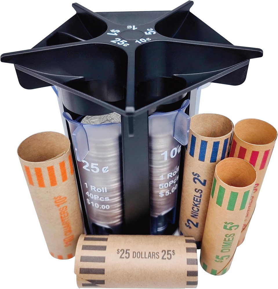 Coin Sorter Tube Coin Counter with Coin Wrappers, 5-IN-1 Change Sorter Change C