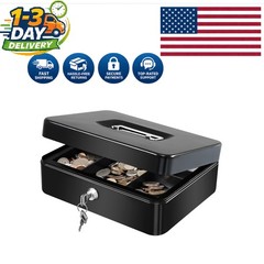 Large Portable Cash Box with Removable Money Tray & Key Lock – Black Alloy Steel