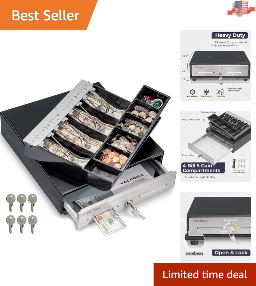 Compact 13″ Black Cash Register Drawer – 4 Bill & 5 Coin Slots, Secure Lock