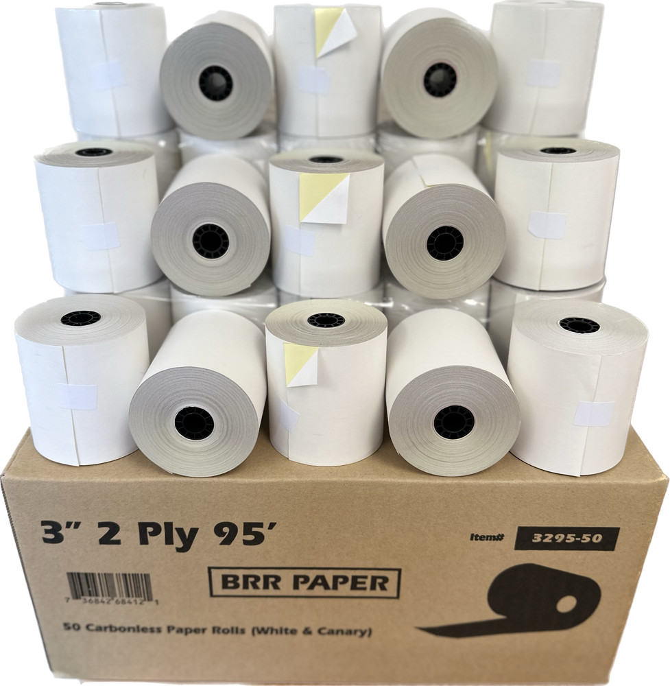 Premium Quality 3″ x 95′ 2-Ply White,Canary – 50 Rolls 2 Ply Carbonless Receipts