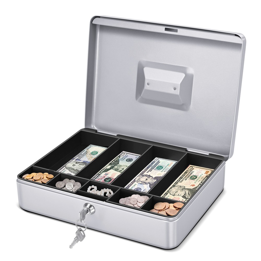 Silver Cash Box with Money Tray, 2 Keys, Lock Box w/ Removable 9 Compartment