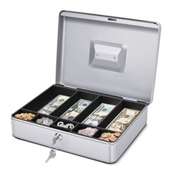 Silver Cash Box with Money Tray, 2 Keys, Lock Box w/ Removable 9 Compartment