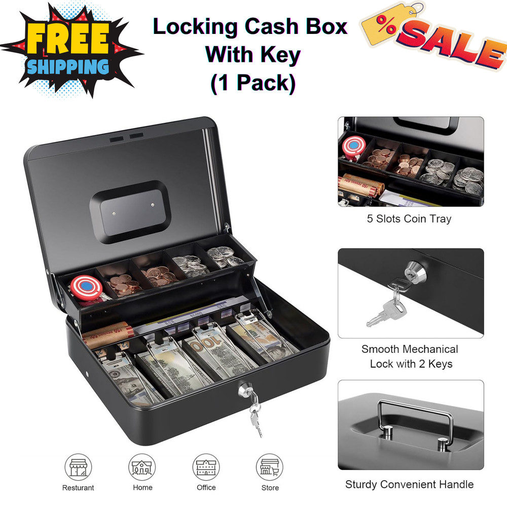 Locking Cash Box W/ Key, Money Tray, 11.8×9.45×3.54″ Metal Safe for Cash & Coins