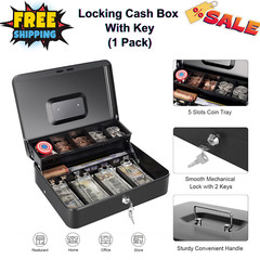 Locking Cash Box W/ Key, Money Tray, 11.8×9.45×3.54″ Metal Safe for Cash & Coins