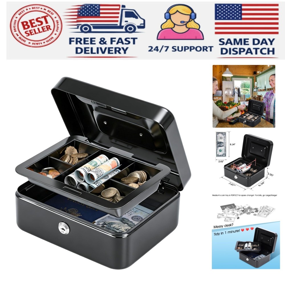 Versatile Medium Cash Box with Portable Handle and Privacy Lock, 7.87″ x 6.3″