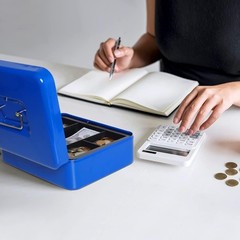 Cash Box Steel Lockable Money Safe with Tray 9.8×7.1×3.7in Portable Blue