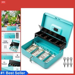 Cash Box with Key Lock 12 inch Heavy Duty Steel Locking Money Box Portable Cyan