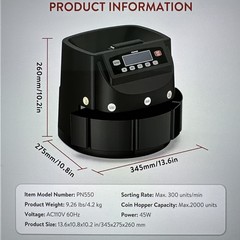 PONNOR Coin Sorter, Counter & Roller Machine, 300 Coins Per Min, Max 2000 Coins