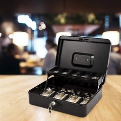 Cash Box With Lock Key & Money Tray Large Money Box for Cash Register Metal Box