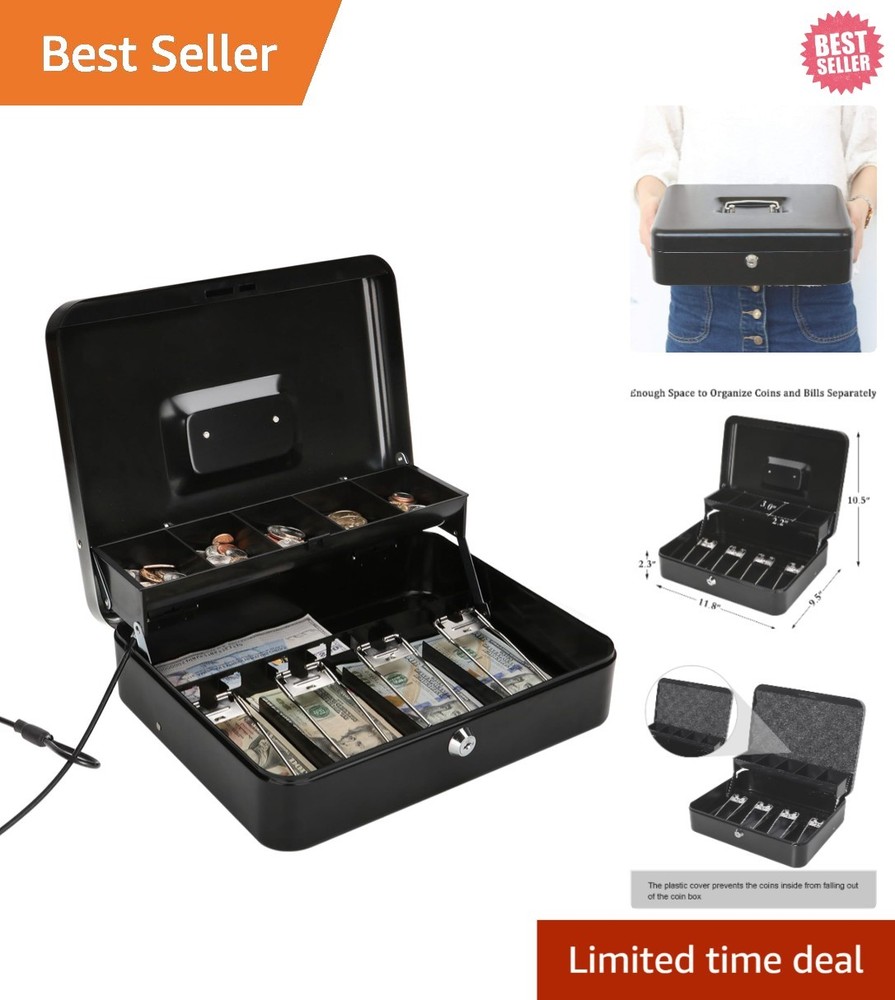 Fire-Resistant Large Cash Box with Security Cable & Five Compartments, Black