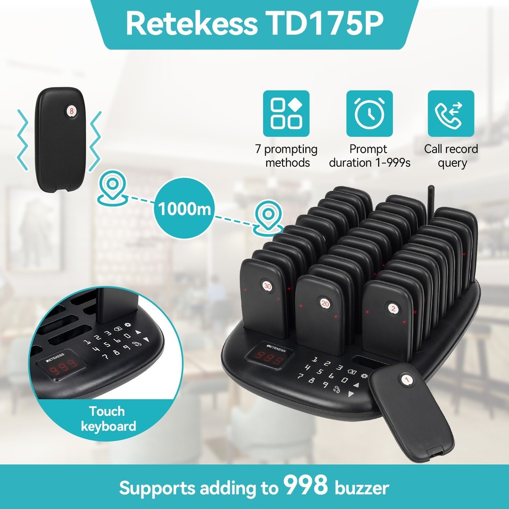 Retekess TD175P Restaurant Pager System Guest Queuning 30 Buzzers For Food Truck