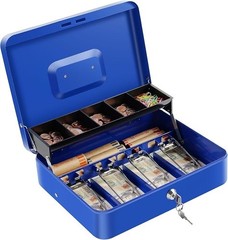 Cash Box with Lock Key Money Tray 11.8×9.4×3.54 Inch Metal Lockbox Blue for Cash