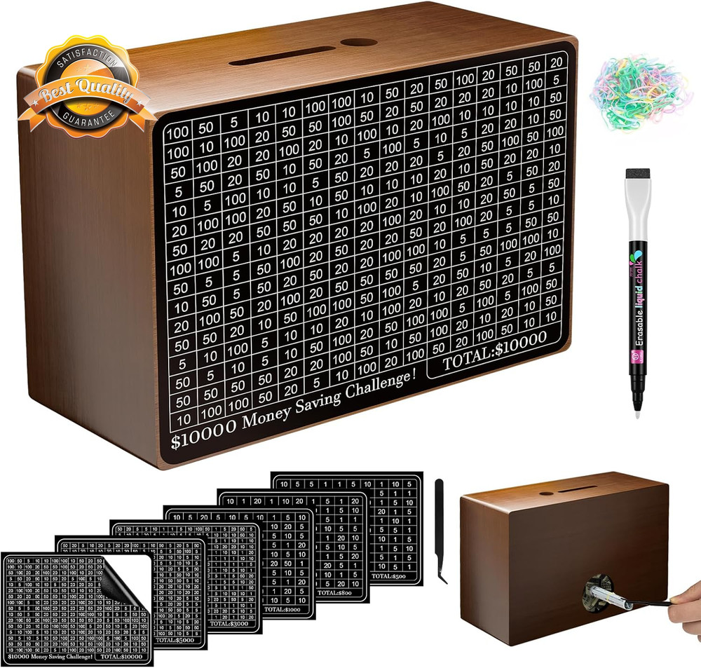 Wooden Savings Box with Counter Money Challenge Cash Vault Brown 1 Pack