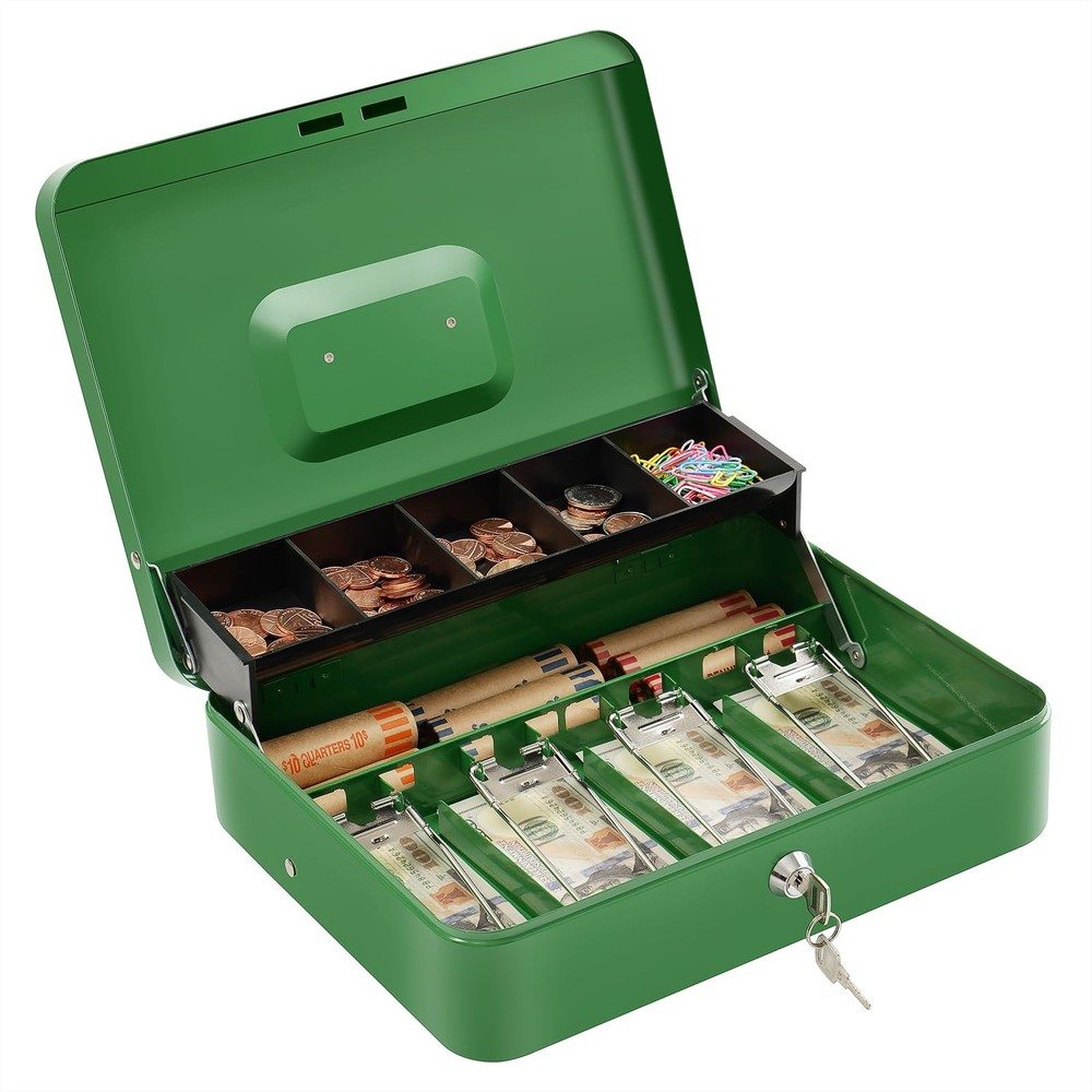 Cash Box with Lock Key and Money Tray – Large Money Box for Cash Register Met…