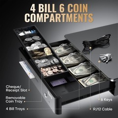 Tera 13″ Auto Open Cash Register Drawer, Heavy Duty, 4 Bill/6 Coin, 5 Keys