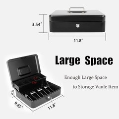 Cash Box Money Tray Key Lock Metal 11.8×9.45in XL Coin Bill Check Storage Black