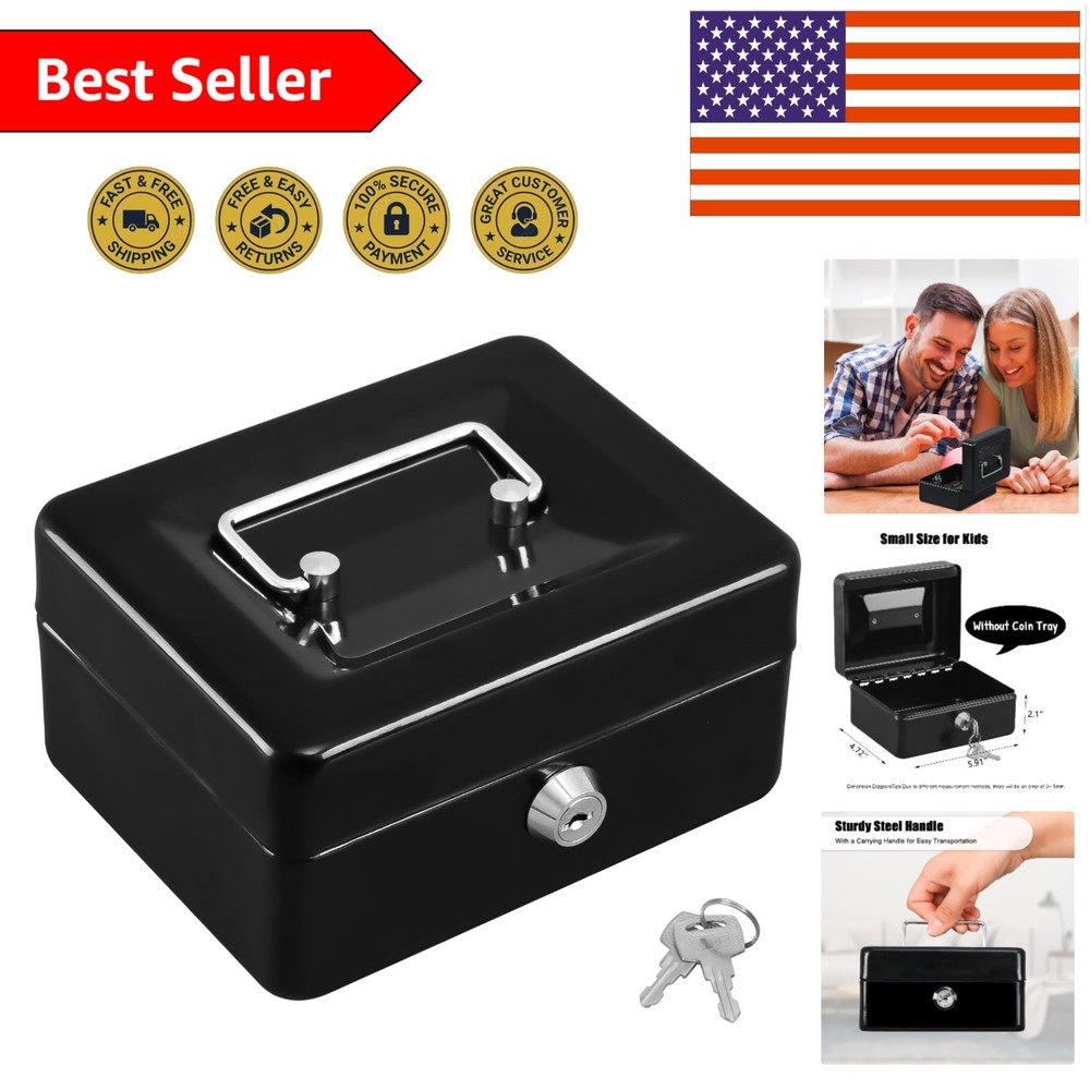 Portable Black Cash Box with Key – Durable Small Safe & Lock Box (5.91″x4.72″)