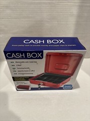 Red Cash Box with Lock, 2 Keys, 8 Compartment Tray