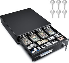 13 Inch Auto Open Cash Register Drawer with 6 Keys Heavy Duty 4 Bill 8 Coin Remo