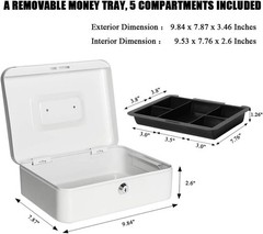 Locking Large Metal Cash Box with Money Tray, Lock Box, White