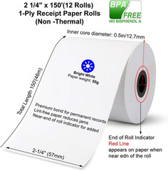 (12 Rolls)2 1/4 in X 150 Ft Adding Machine Tape Paper Rolls, for HR-10RC, HR-170