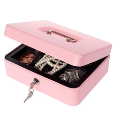 Pink Large Metal Cash Box Key Lock Removable Money Tray 9.8×7.9 Inch Hub