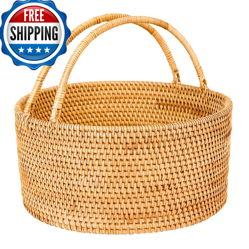 Lalasun Handwoven Rattan Storage Basket Handles Natural Wicker Decorative