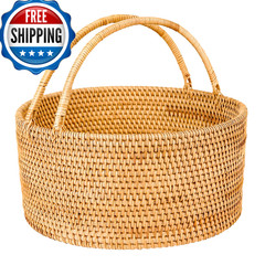 Lalasun Handwoven Rattan Storage Basket Handles Natural Wicker Decorative